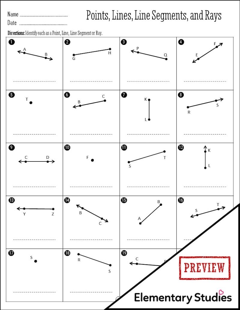 Points Lines Line Segments And Rays Worksheets Elementary Studies