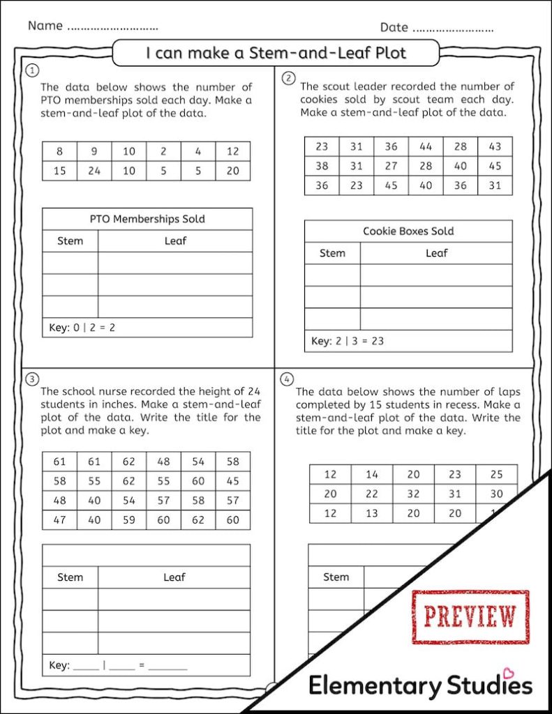 Stem and Leaf Plot Worksheets and Poster Elementary Studies