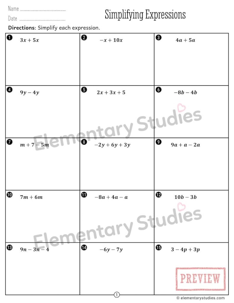 Simplifying Algebraic Expressions Worksheets - Elementary Studies